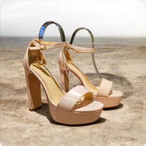 Nude Patent Leather Platform High Heel Sandals With Ankle Strap